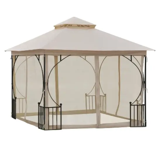 Outsunny 10' x 10' Patio Gazebo Canopy Outdoor Pavilion with Mesh Netting SideWalls, 2-Tier Polyester Roof, & Steel Frame image {6}