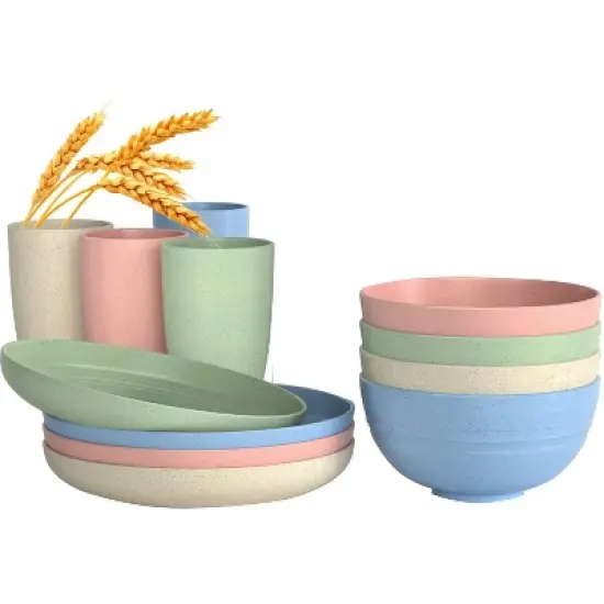 Itopfox 20-Piece Wheat Straw Dinnerware Set, Microwave & Dishwasher Safe Unbreakable Plates Bowls Cups Forks & Spoons for Kitchen, Camping, Parties image {8}