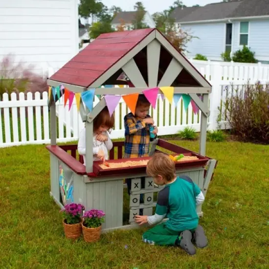 Funphix Hangout Hut, Kids Outdoor Wooden Playhouse with Sandbox & Tic Tac Toe image {3}