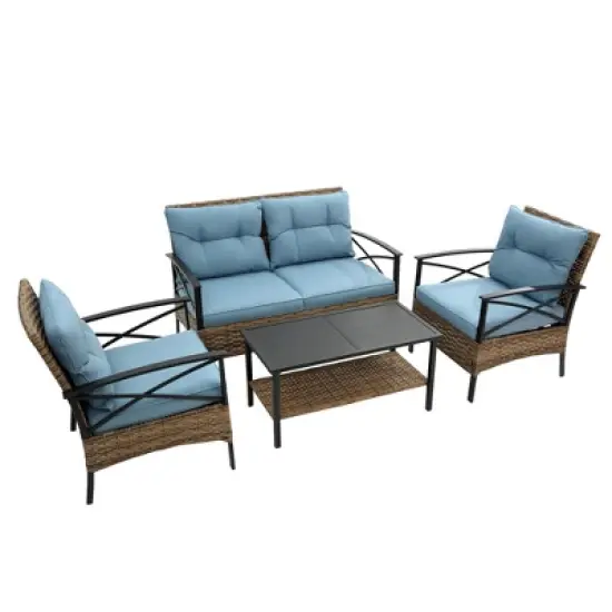 FIONECA 4-Piece Patio Sectional Low Dining Conversation Sofa Set, Rattan Wicker Outdoor Corner Furniture with Cushions image {7}
