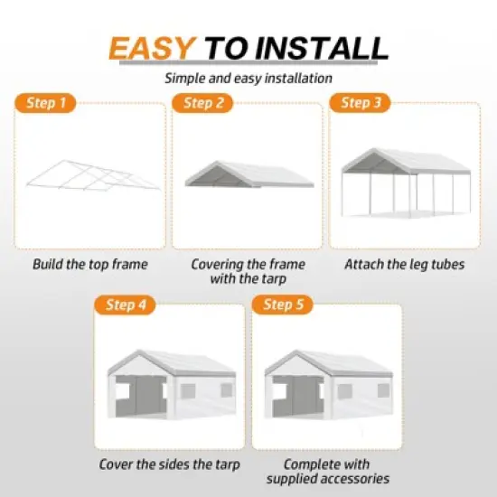 Aoodor Vehicle Carport Canopy, Heavy Duty Iron Frame Portable Garage with Removable Sidewalls and Roll-up Windows and Doors, Party Tent Boat Shelter image {5}