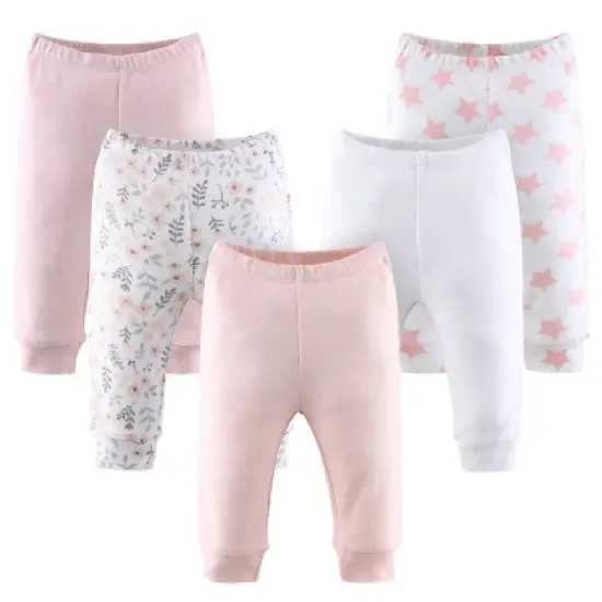 The Peanutshell Flowers & Stars 5-Pack Cuffed Baby Pants in Pink/Light Coral/White, 9-12 Months image {5}