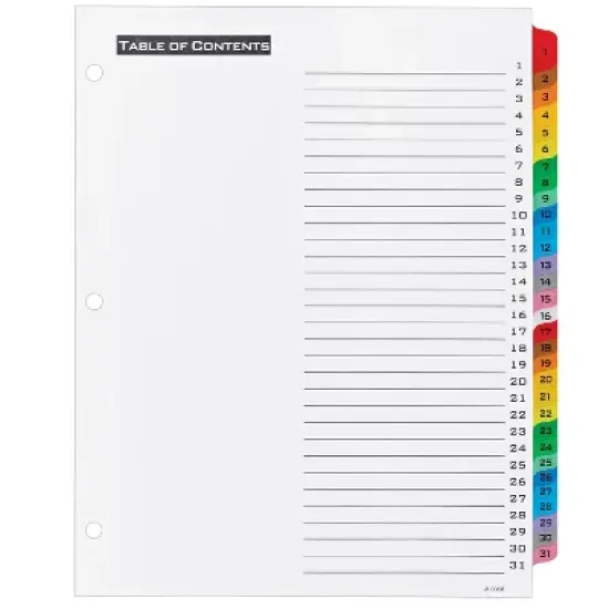 Office Essentials 1-31 Tab Table 'n Tabs Dividers for 3 Ring Binders, Printable Table of Contents, Multicolor Tabs, 3 Sets (21892) image {2}