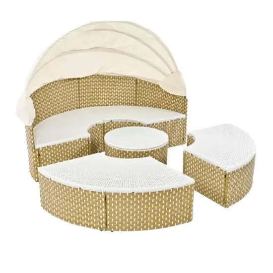 TIRAMISUBEST Round Patio Sectional Rattan Daybed w/ Retractable Canopy,Two-Tone Weave,Separate Seating&Removable Cushion image {11}
