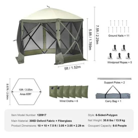 VEVOR Pop Up Gazebo Tent, Pop-Up Screen Tent 6 Sided Canopy Sun Shelter, 10x10FT Quick Set Screen Tent with Mosquito Netting, Army Green image {7}