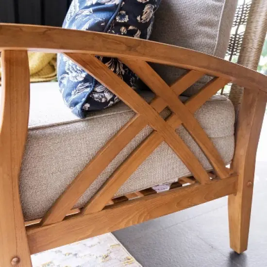 Cambridge Casual Carmel Teak Wood Patio Outdoor Loveseat with Tan Cushion image {3}