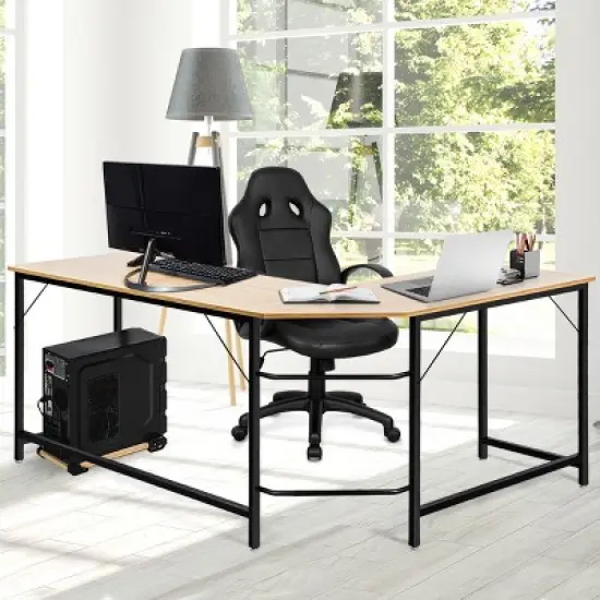 Tangkula L-shaped Computer Desk Corner Office Laptop Game Table Black/Natural image {2}