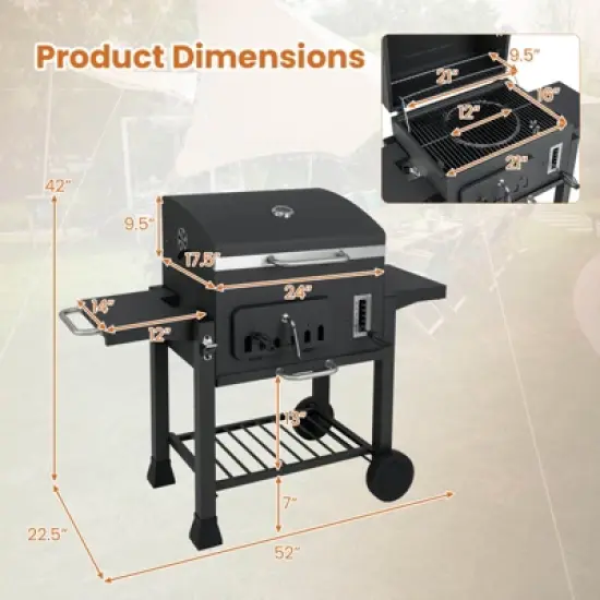 Costway Barrel Charcoal Grill with 2 Folding Side Tables 24-Inch Outdoor Barbecue Grill image {2}