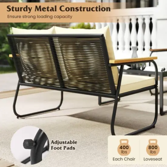 Tangkula Set Of 4 Wicker Patio Furniture Set Outdoor Conversation Set w/ Tempered Glass Coffee Table Rattan Cushioned Chairs with Acacia Wood Armrests image {1}