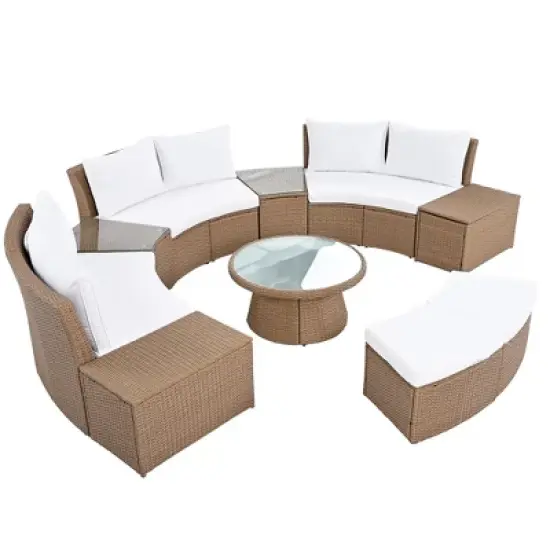 FIONECA 10-Piece Outdoor Sectional Half-Round Patio Rattan Sofa Set, White PE Wicker Conversation Furniture, Modular Combination image {9}