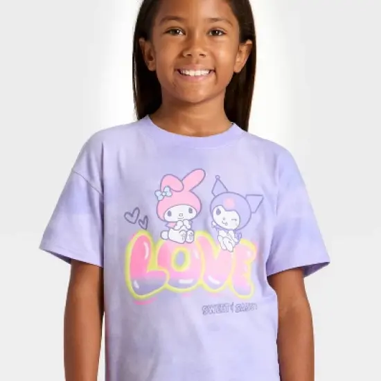 Girls' My Melody and Kuromi Short Sleeve Oversized Graphic T-Shirt - Purple image {1}
