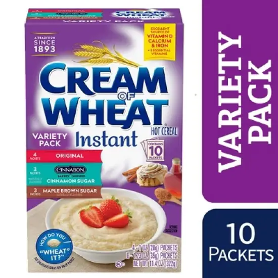 Cream of Wheat Original Flavor, Cinnabon and Maple Brown Sugar Instant Hot Cereal Variety Pack, Kosher, 10 Packets (Pack of 2) image {6}