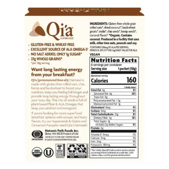 Nature's Path Qi'a Organic Creamy Coconut Oatmeal 6pk/48oz image {2}