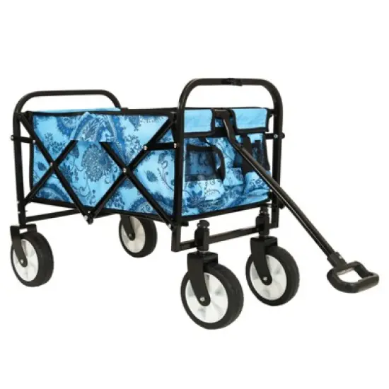 DSVIMOY Colorful Collapsible Foldable Wagon Cart, Beach Wagon, Utility Wagon Grocery for Cart Camping Shopping, Flower Blue, 25.98"*17.32"*37.4" image {3}