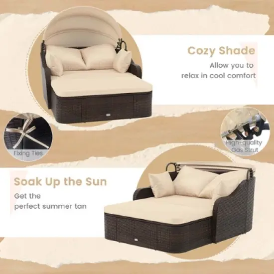 Costway Patio PE Rattan Daybed with Retractable Canopy Soft Cushions and Extra Pillows image {8}