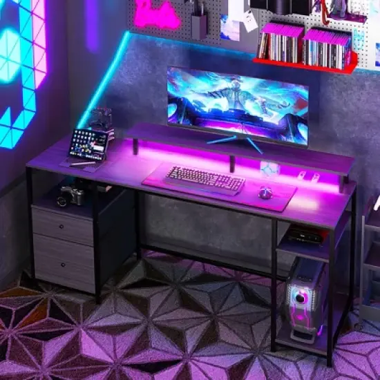 HOMCOM 61" Computer Desk with Lights, Power Outlets, USB Ports, Gaming Desk with Storage Shelves, Monitor Stand, Fabric Drawers image {1}