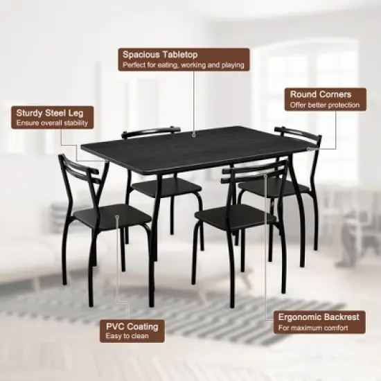 Costway 5 Piece Dining Set Table 30.0" And 4 Chairs Home Kitchen Room Breakfast Furniture Black image {6}