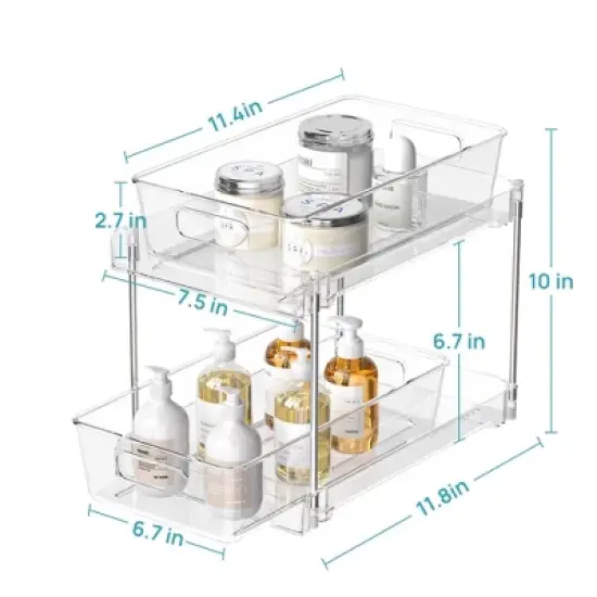 Aoibox 4 Pack 2 Tier Clear Under Sink Organizer Pull Out Bathroom Vanity Countertop Storage Bins with Drawers for Kitchen Pantry Cabinet image {1}