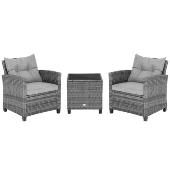 Costway 3PCS Patio Rattan Furniture Bistro Set  Cushioned Sofas Side Table Armrest Grey image {9}
