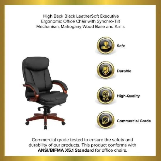 Emma and Oliver High Back Black LeatherSoft Synchro-Tilt Ergonomic Office Chair with Wood Base image {10}