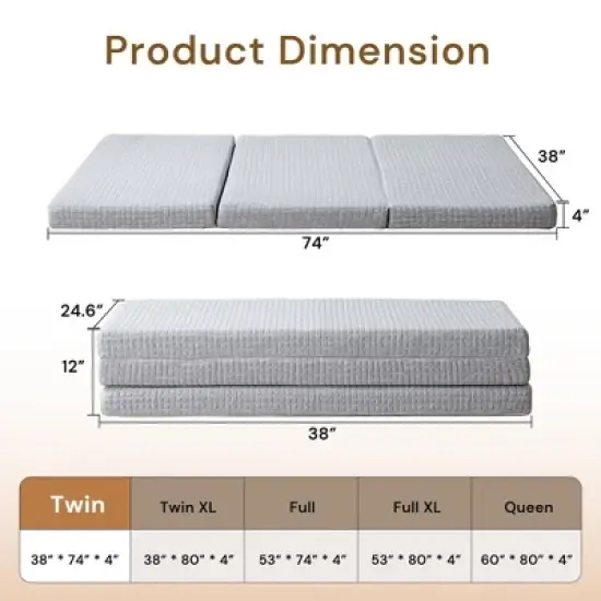 Wellos Non-Slip Firm Portable Tri Folding Gel Memory Foam Mattress 4" Foldable Mattress image {2}