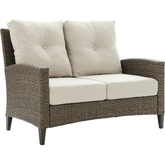 HomeStock Rockport Outdoor Wicker High Back Loveseat Oatmeal/Light Brown image {10}