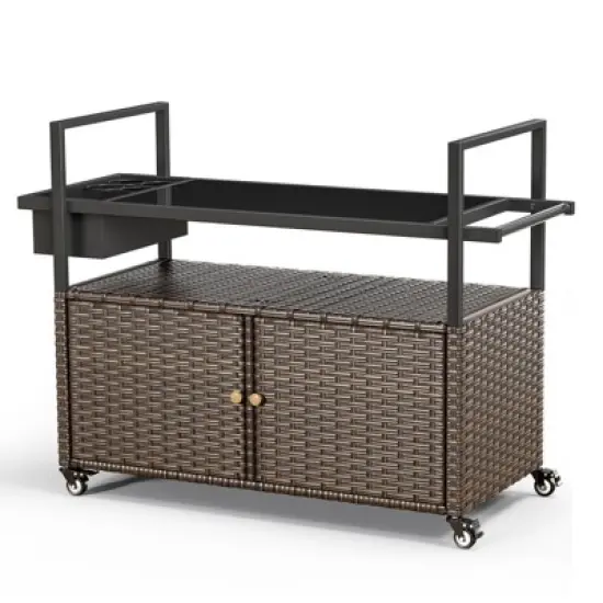 Buenhomino Patio Bar Table,Outdoor Kitchen Island with Glass Top,Rattan Patio Storage Cabinet with Wheels,Bar Cart for Poolside and Backyard image {2}
