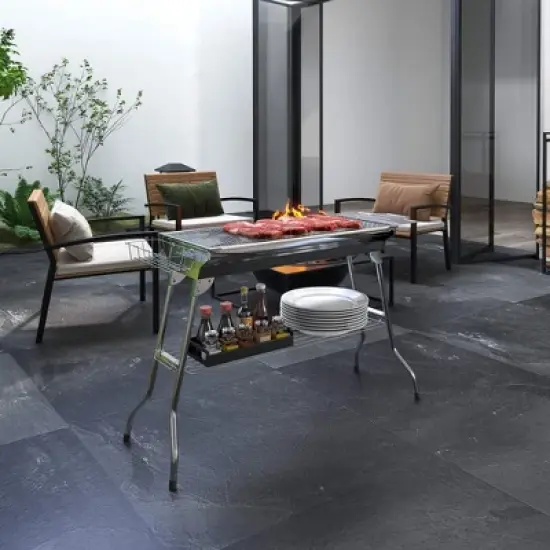 ORRD  Portable Charcoal Grill, Stainless Steel Hibachi BBQ for Camping, Picnic, Tailgating w/ Pan, Grill Rack, Shelves & Hooks image {4}