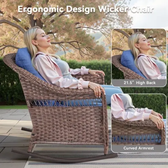 Patio Furniture Set 3 Pieces, Wicker Rocking Bistro Set with Thick Cushions, Outdoor Rocker Chairs and Coffee Table for Porch, Backyard or Garden image {4}