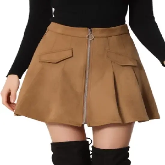 Allegra K Women's Faux Suede Zipper Front High Waist A-Line Mini Skater Skirt image {6}