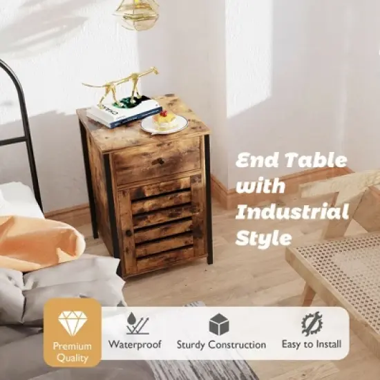 Costway Nightstand with Drawer Cabinet Adjustable Shelf Industrial Side Table Rustic image {6}