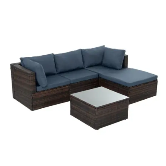 GlasFlength 5PCS Patio Seating Rattan Furniture Set Sectional Sofa Cushioned Garden, Tempered Glass Table, Blue, 28.94"*28.55"*24.8" image {3}