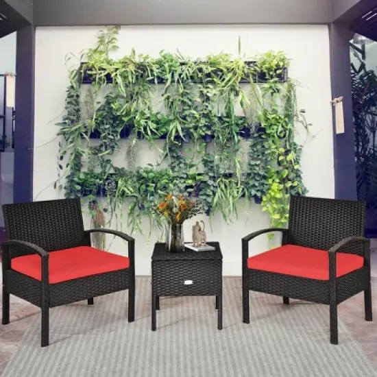 Costway 3PCS Patio Rattan Furniture Set Storage Table Cushioned Sofa Deck Red\Turquoise image {10}