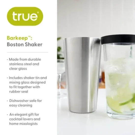 True Barkeep Boston Shaker, Stainless Steel Cocktail Tin & Mixing Glass with Rubber Seal and Measurements, 28 Oz and 16 Oz,  Set of 2 image {1}