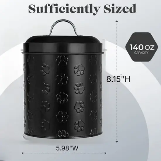 Amici Pet Puppy Paws Black Metal Canister with Embossed Paw Design - Large 140 oz Airtight Food Storage Jar for Wet or Dry Pet Foods - (8" H x 6" W) image {4}