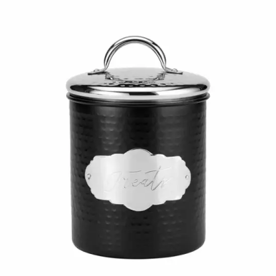 Amici Pet Cavalier Canister, Set of 2 - Black & Silver Toned Hammered Metal Food Storage with Handles - Airtight Lid Containers - (38 Oz & 104 Oz) image {1}