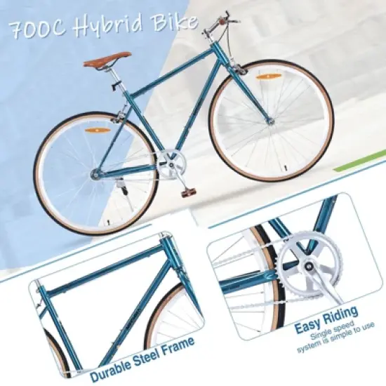 INFURNIC Bicycles Single Speed Retro 700C Road Bike with Steel Frame and Double Caliper Brakes for City Riding, Blue, 64.97"*24.41"*38.52" image {4}