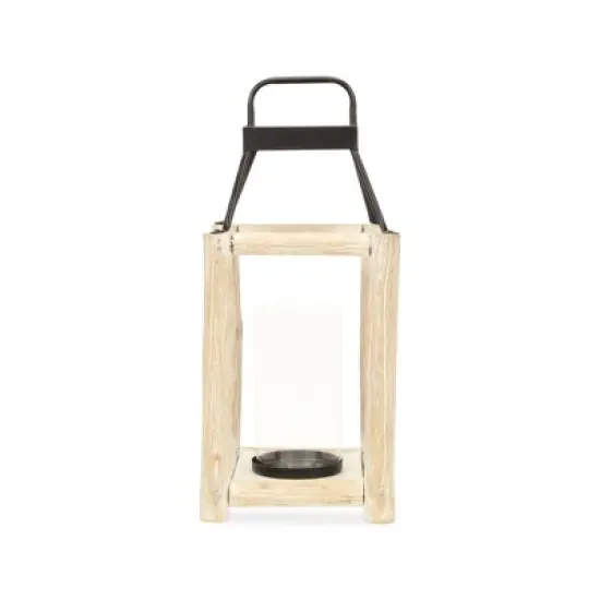 HomeRoots 18" Black And Natural Distressed Glass Metal And Wood Tabletop Lantern Candle Holder image {4}