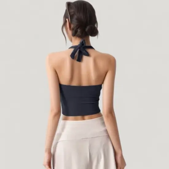 Anna-Kaci Active Women's Halter Neck Fitted Crop Top with Soft Stretch Fabric and Contoured Waist image {2}