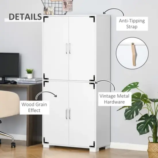Gulches Industrial Farmhouse Style Freestanding Kitchen Pantry Cabinet - 4-Door Cupboard with Storage Shelves, White 29.5"W x 13.75"D x 63"H image {4}