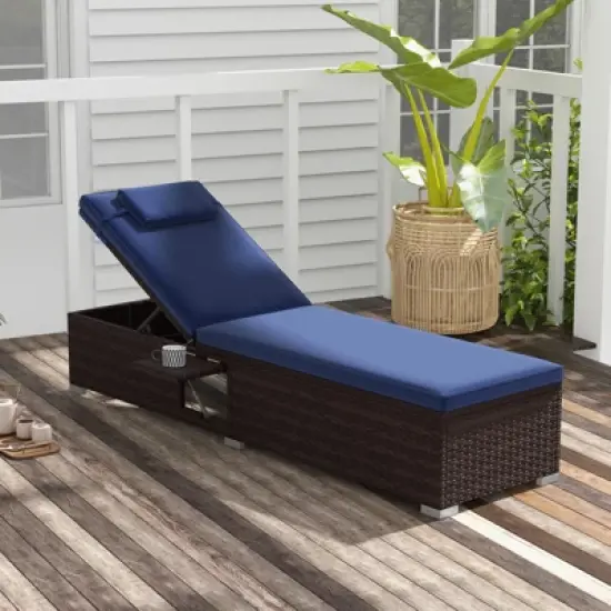 Costway 1/2 PCS Patio Chaise Lounge with 6-level Backrest Comfy Seat Cushion & Headrest Backyard Navy image {9}