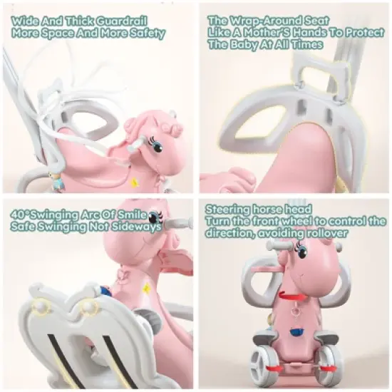 Lirago Pink Unicorn Rocking Horse Stroller 4-in-1 Ride On Toy with Push Handle Balance Bike and Board Gift for 1-3 Year Old Baby image {3}