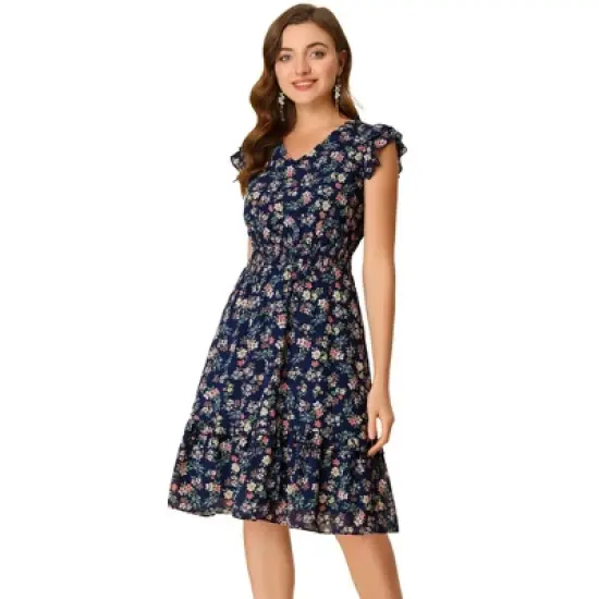 Allegra K Women's Floral Flutter Sleeves V Neck Smocked Ruffle Dress image {6}