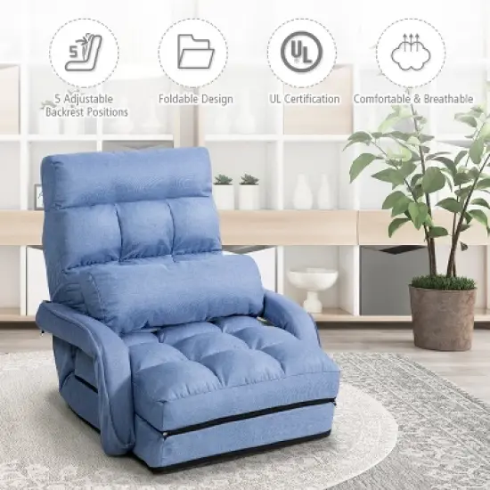 Costway Folding Floor Armchair w/6-position Adjustable Back & Lumbar Pillow Blue image {2}
