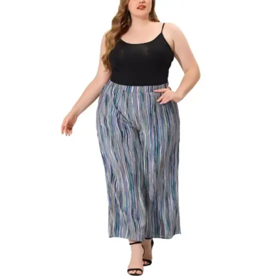 Agnes Orinda Women's Plus Size Boho Palazzo Lounge Wide Leg Pants with Elastic Waist and Stripe image {7}