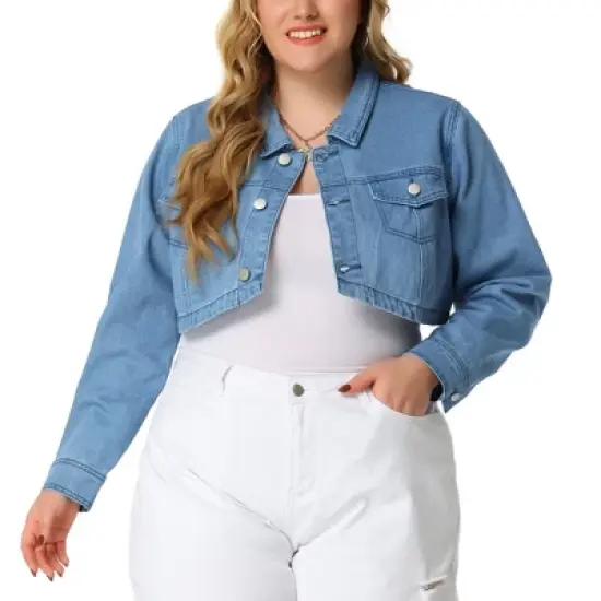 Agnes Orinda Women's Plus Size Classic Denim Long Sleeve Washed Jean Cropped Jacket image {5}