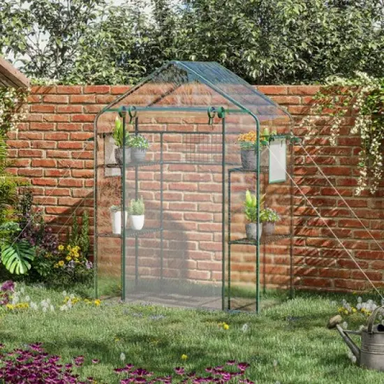Outsunny 56" x 29" x 77" Walk-in Greenhouse Kit, Portable Green House with 3 Tier Shleves, Roll-Up Door, PE Cover for Backyard Garden image {1}