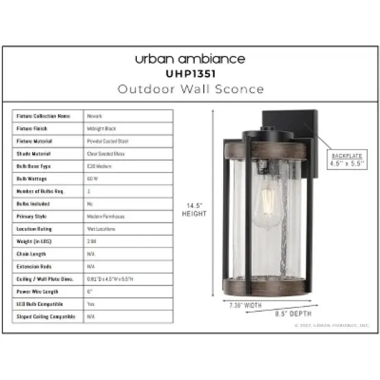 Urban Ambiance Luxury Farmhouse Outdoor Wall Sconce 14.5''H x 7.375''W,  Midnight Black Finish,  Newark Collection, UHP1351 image {2}