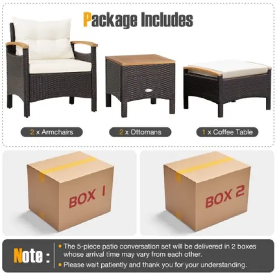 Tangkula Outdoor Patio 5PCS Rattan Conversation Furniture Set Acacia Wood Frame Chair with Coffee Table & 2 Ottomans for Backyard&Poolside image {6}