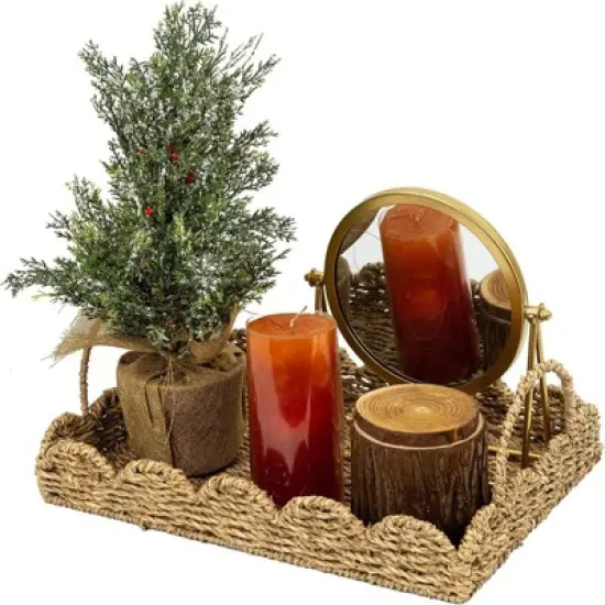 BRINJOY 14" Woven Seagrass Tray with Scalloped Edge - Bohemian Decorative Tray with Handles for Coffee Table Ottoman Festive Decor, Brown image {5}